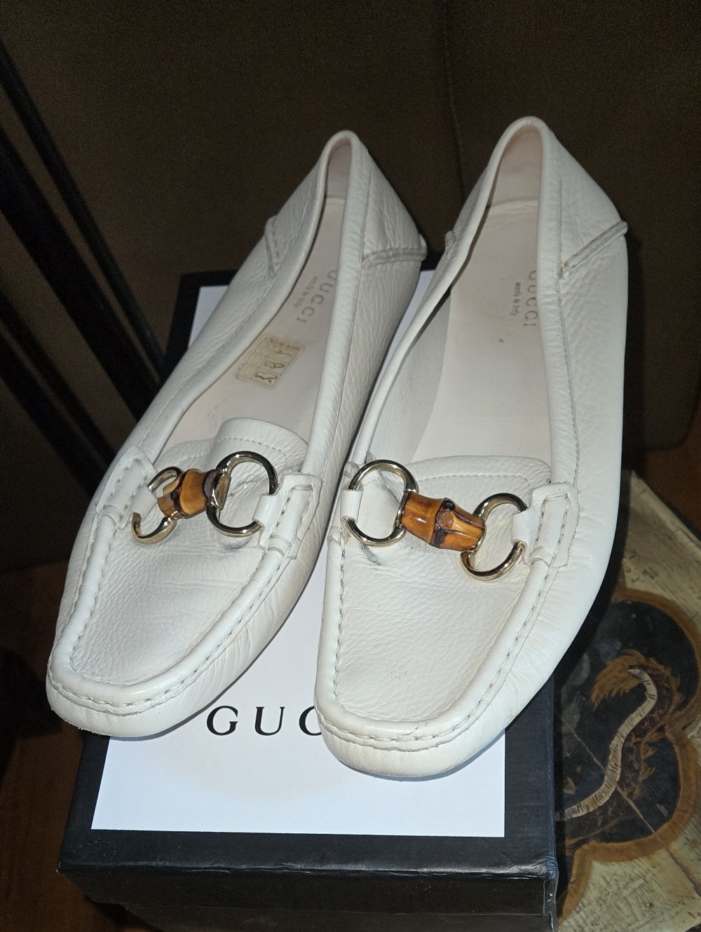 Gucci White Leather Horsebit Loafers with Gold & Brown Accents